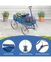 Sugift Wooden Wagon Plant Bed with Metal Wheels for Garden Yard Patio-Blue