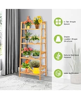 Sugift 4-Tier Bamboo Plant Rack with Guardrails Stable and Space-Saving-Natural