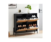 gaomon Natural Rattan Shoe Storage Cabinet, Freestanding Shoe Cabinet with 4 Flip Drawers, Modern Shoe Organizer with Adjustable Shelves, Ideal for Fr