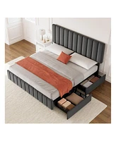 gaomon Bed Frame With 4 Storage Drawers And Adjustable Headboard, Linen Upholstered Platform Bed Frame With Wooden Slats Support, No Box Spring Needed