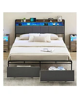 gaomon Bed Frame With 2-Tier Storage Headboard, Upholstered Platform Bed Frame With 2 Storage Drawers, Built In Charging Station & Led