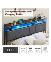 gaomon Bed Frame With 2-Tier Storage Headboard, Upholstered Platform Bed Frame With 2 Storage Drawers, Built In Charging Station & Led, Noise-Free/Met
