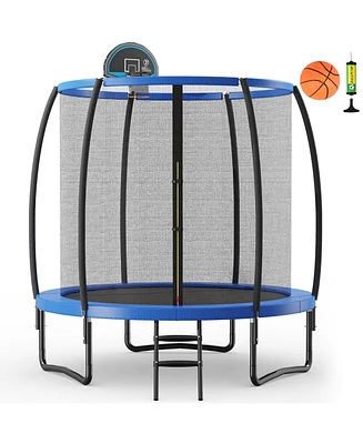 Gymax 8FT Recreational Trampoline W/ Basketball Hoop Safety Enclosure Net Ladder