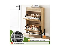 gaomon Natural Rattan Shoe Cabinet with 2 Flip Door and 1 Drawer, Freestanding Shoe Storage Organizer