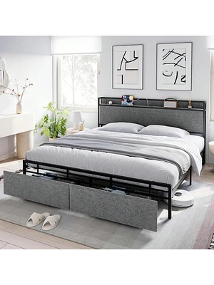 gaomon Full/Queen/King Size Bed Frame With 2 Drawers And Shelf Headboard, Charging Station With Usb Port & Outlets, Upholstered Heavy Duty Platform Be