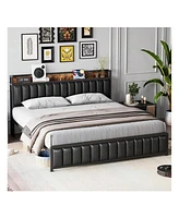 gaomon Full/Queen/King Size Bed Frame With Shelf Headboard And Charging Station, Industrial Upholstered Platform Bed With Outlets