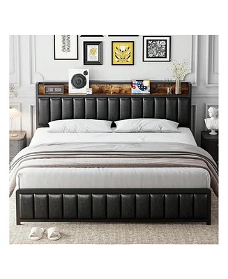 gaomon Full/Queen/King Size Bed Frame With Shelf Headboard And Charging Station, Industrial Upholstered Platform Bed With Outlets