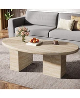 Tribesigns 45.28" Oval Coffee Table for Living Room, Large Modern Coffee Table, All-Wood Center Table with Asymmetric Pedestal Legs, Oak