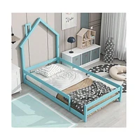 gaomon Pine Wood Floor Bed Frame With House Shaped Headboard Full-Length Guardrails Twin Size For Toddler Kids Girls Boys