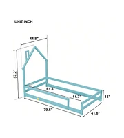 gaomon Pine Wood Floor Bed Frame With House Shaped Headboard Full-Length Guardrails Twin Size For Toddler Kids Girls Boys