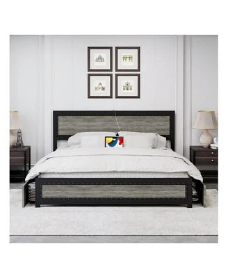 Gaomon Full Queen King Size Bed Frame With Headboardindustrial Platform Bed Frame With 4 Storage Drawers Charge Stationstrong Metal Slats Supportno Box Spring Needednoise Free Easy Installation