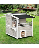 Gouun 2-Story Wooden Patio Luxurious Cat Shelter House Condo with Large Balcony