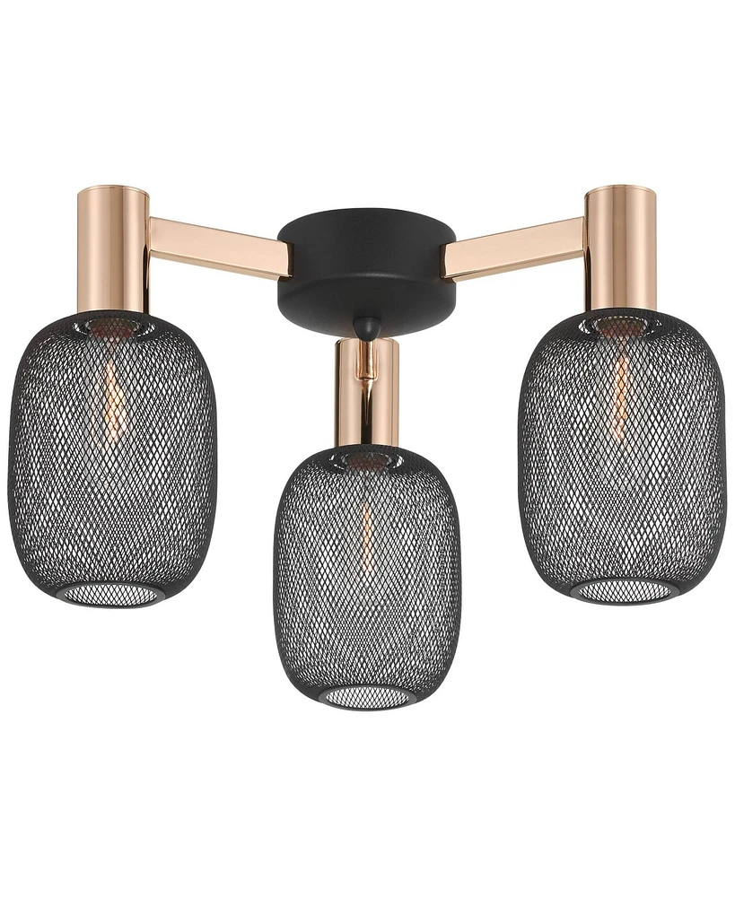 Possini Euro Design Coburn 16 3/4" Modern Industrial Semi Flush-Mount Ceiling Light Fixture Kitchen Foyer Hallway 3-Light Black Rose Gold Finish Mesh