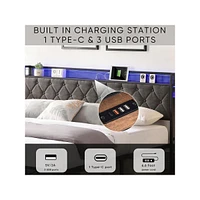 gaomon Full Size Bed With Storage Headboard, Charging Station And Led Lights, Upholstered Platform Bed Frame With Metal Slats, Noise Free