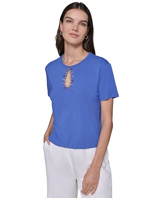 Karl Lagerfeld Paris Women's Cutout Embellished Tee