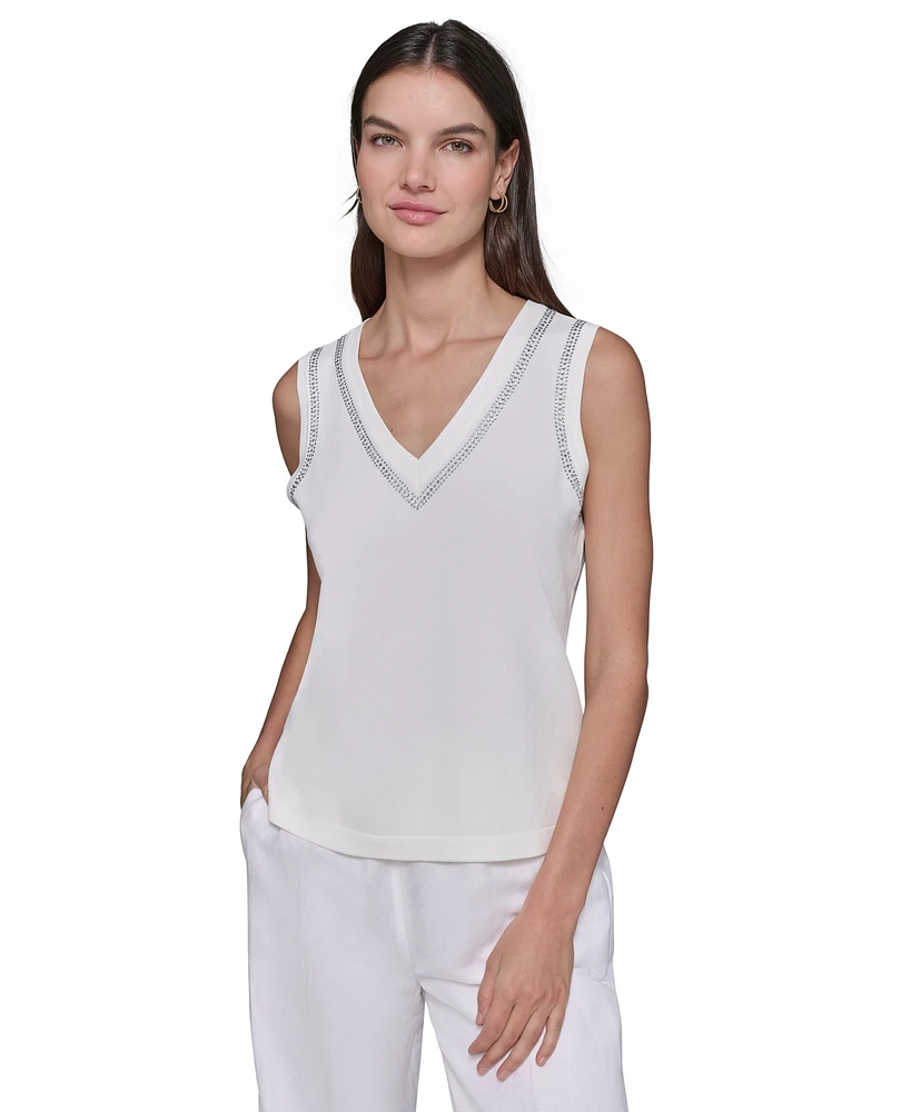 Karl Lagerfeld Paris Women's Embellished V-Neck Sleeveless Sweater