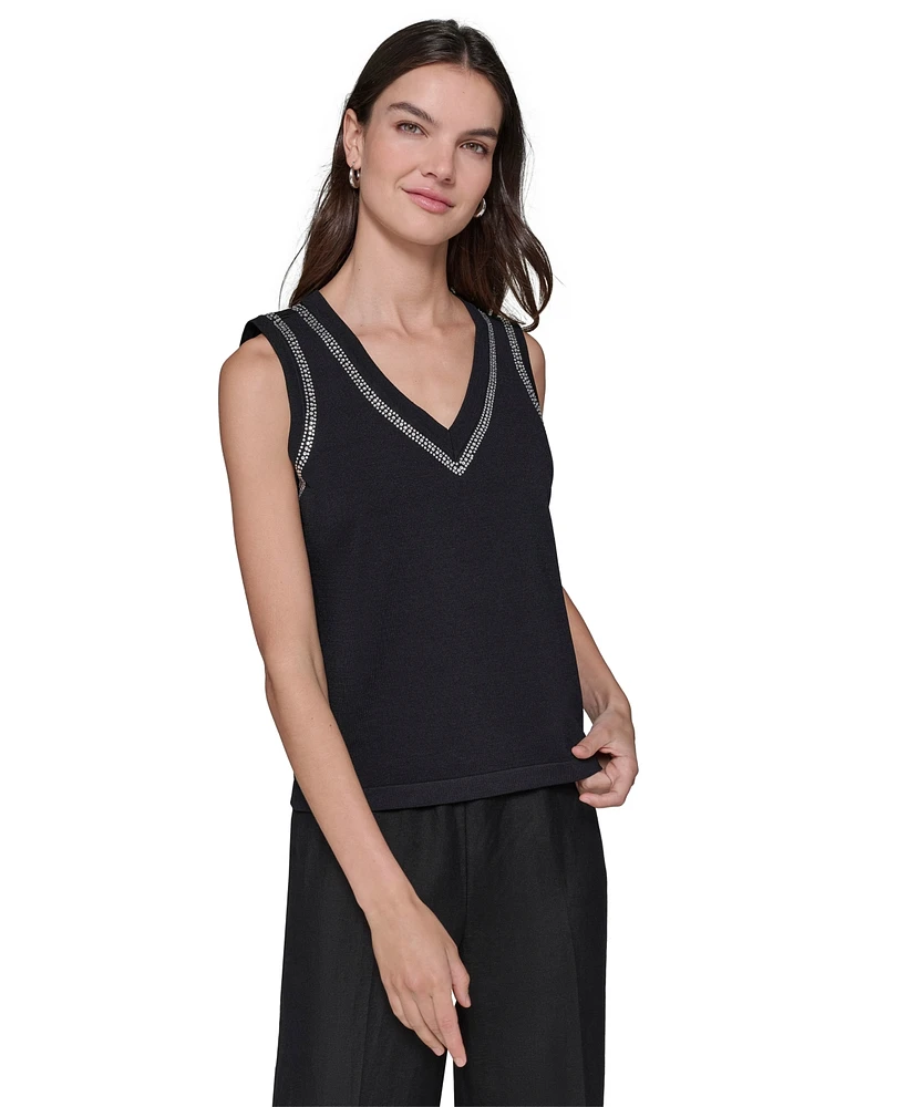 Karl Lagerfeld Paris Women's Embellished V-Neck Sleeveless Sweater