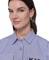 Karl Lagerfeld Paris Women's Cotton Striped Motif-Button Top