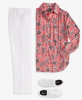 Jones New York Womens Printed Half Placket Tunic Blouse Mid Rise Cropped Kick Flare Jeans