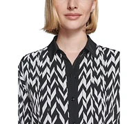 Karl Lagerfeld Paris Women's Printed Contrast-Trim Button-Front Top