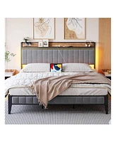gaomon Full/Queen/King Size Bed Frame With Charging Station, Led Bed Frame With Storage Headboard, Upholstered Platform Bed Frame