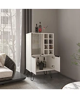 Depot E-Shop Lutak Bar Cabinet with 2 Doors, 9 Shelves, and 1 Glass Panel, White Washed Oak