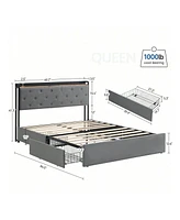 gaomon Upholstered Bed Frame With Charging Station Headboard & 4 Storage Drawers, Platform Bed Frame Mattress Foundation With Wooden Slats Support