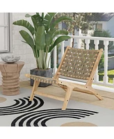 Costway Modern Teak Wood Lounge Chair with Nylon Woven Backrest & Seat Comfy Reading Chair