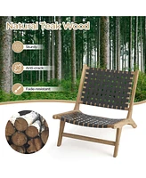 Costway Modern Teak Wood Lounge Chair with Nylon Woven Backrest & Seat Comfy Reading