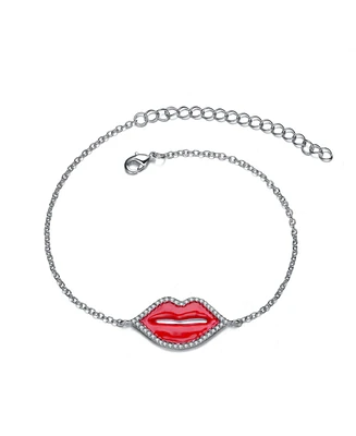 GiGiGirl White Gold Plated Cubic Zirconia Red Lips Fashion Bracelet