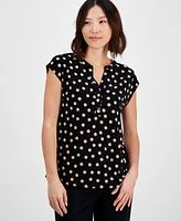 Ak Anne Klein Petite Short-Sleeve Printed Two-Button Top