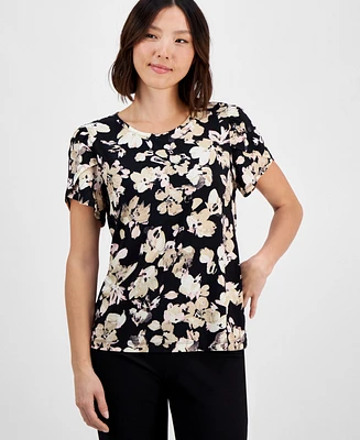 Ak Anne Klein Petite Gathered-Tulip Short-Sleeve Printed Top