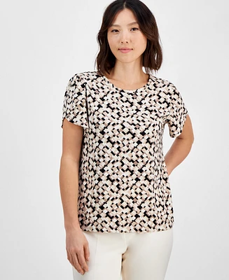 Ak Anne Klein Petite Gathered-Tulip Short-Sleeve Printed Top