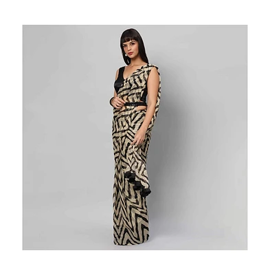 One Minute Saree Women's Maya Cream & Black Zigzag Georgette Ready to Wear Sari