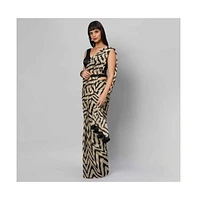 One Minute Saree Women's Maya Cream & Black Zigzag Georgette Ready to Wear Sari