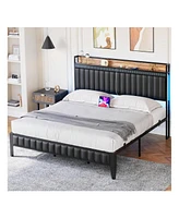 gaomon Full/Queen/King Size Bed Frame With Charging Station, Led Bed Frame With Storage Headboard, Upholstered Platform Bed Frame