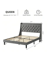 gaomon Queen/King Size Bed Frame With Upholstered Wingback Headboard, Luxurious Linen Upholstery Platform Bed With Charging Station, Button Tufted Des