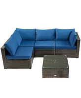 Sugift 5 Pieces Cushioned Patio Rattan Furniture Set with Glass Table