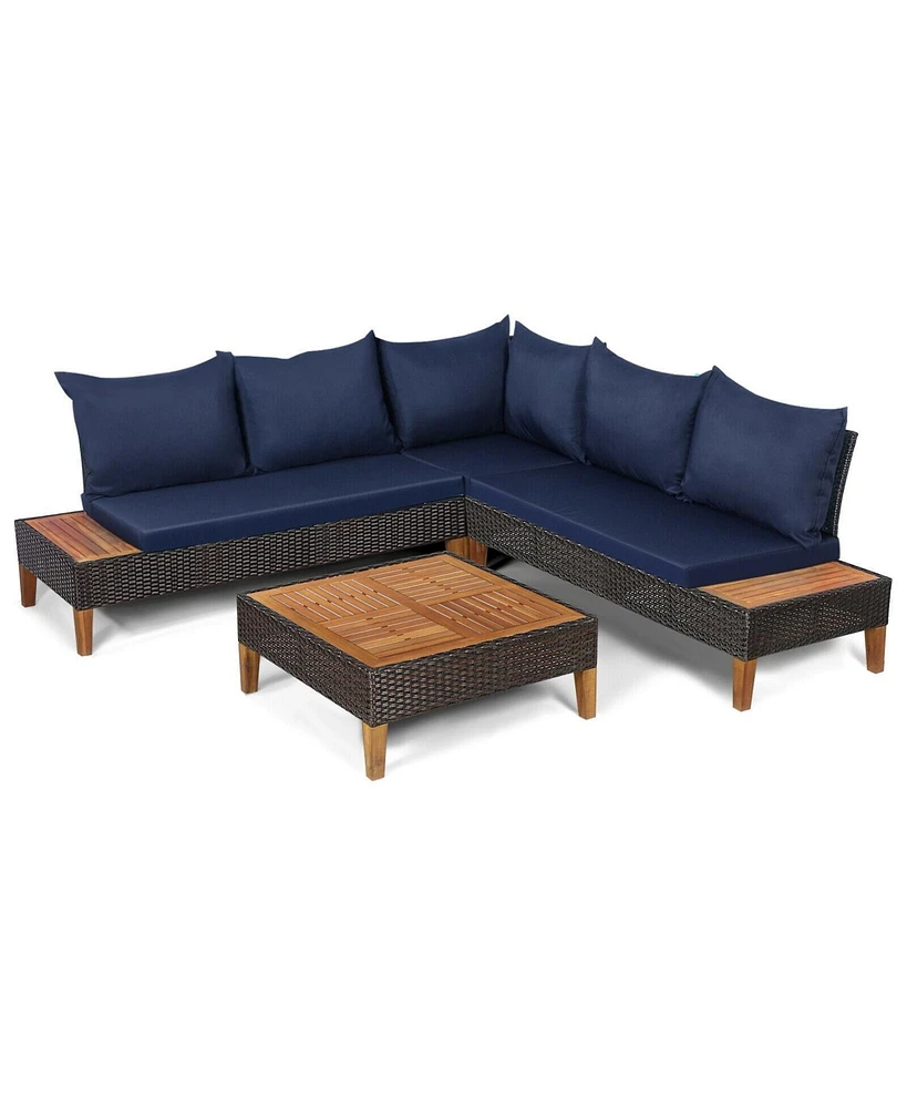 Sugift 4 Pieces Patio Cushioned Rattan Furniture Set with Wooden Side Table