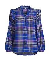 Lands' End Women's Plus Ruffle Front Flannel Popover Blouse