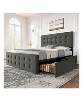 gaomon Bed Frame,With 4 Storage Drawers And Headboard, Linen Upholstered Platform Frame With Wooden Slats Support, Button Tufted Design, No Box Sp