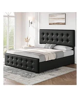 Bed Frame,With 4 Storage Drawers And Headboard, Linen Upholstered Platform Frame With Wooden Slats Support, Button Tufted Design