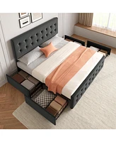 Bed Frame,With 4 Storage Drawers And Headboard, Linen Upholstered Platform Frame With Wooden Slats Support, Button Tufted Design