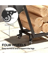 Outsunny 31" Outdoor Firewood Rack, Metal Log Holder with Wheels Hooks
