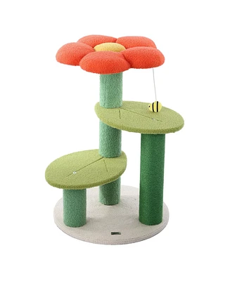 The Licker Store Poppy 29" 3-Tier Modern Jute Flower Cat Tree with Dangling Toy