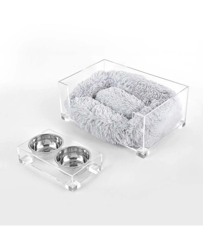 The Licker Store Billie Small Modern Lucite Pet Bed with Washable Cushion & 4" Elevated Feeder with 27 oz Stainless Steel Bowls.
