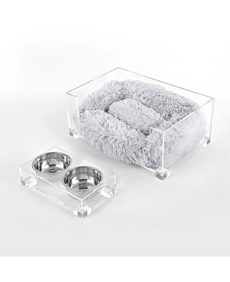 The Licker Store Billie Small Modern Lucite Pet Bed with Washable Cushion & 4" Elevated Feeder with 27 oz Stainless Steel Bowls.