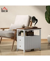 Homcom Narrow End Table with Charging Station, Usb Ports, Drawers, White