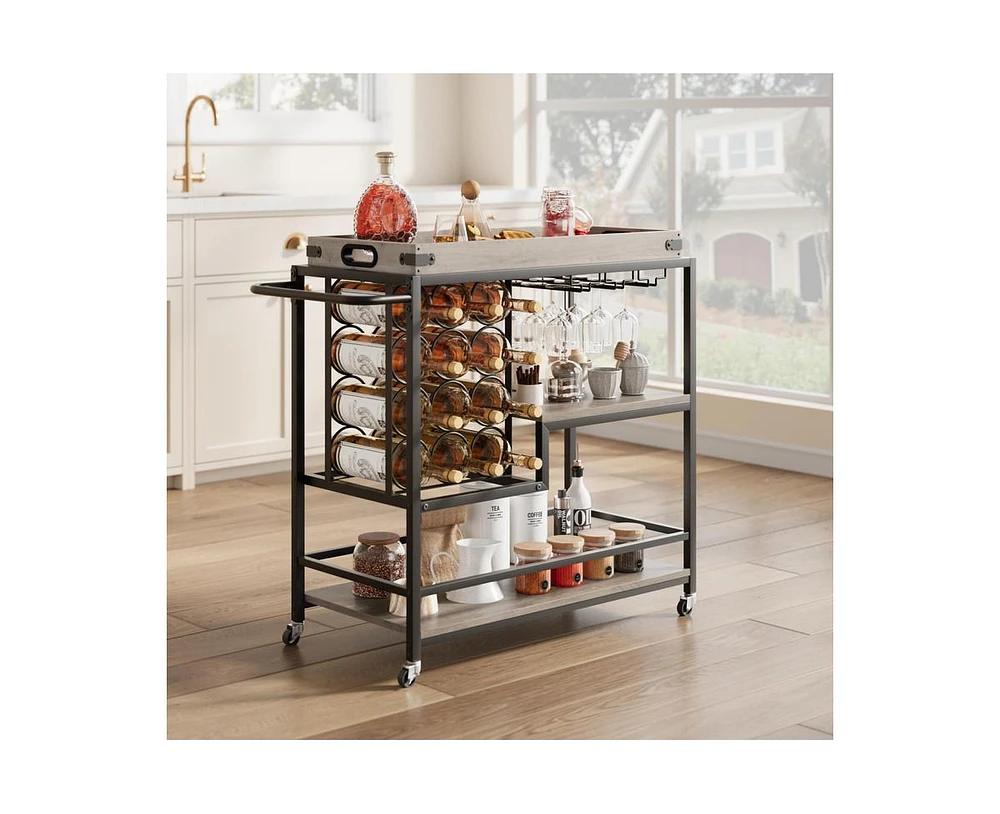 gaomon Round Bar Cart, 3 Tier Bar Carts for The Home, Home Bar & Serving Carts, Rolling Bar Cart With Wheels,Drink Cart With Wine Rack & Wine Glass Ho