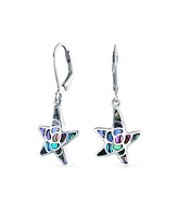 Bling Jewelry Nautical Vacation Honeymoon Marine Life Beach Iridescent Abalone Shell Inlaid Drop Starfish Earrings For Women .925 Sterling Silver Leve